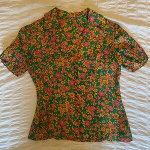 Colorful Vintage 70's Silk Floral Button-Up Blouse
